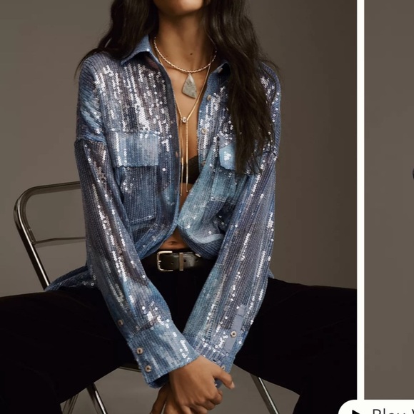 Pilcro Long Sleeve Oversized Sequin Buttondown Shirt Sz M NWT - Picture 2 of 11